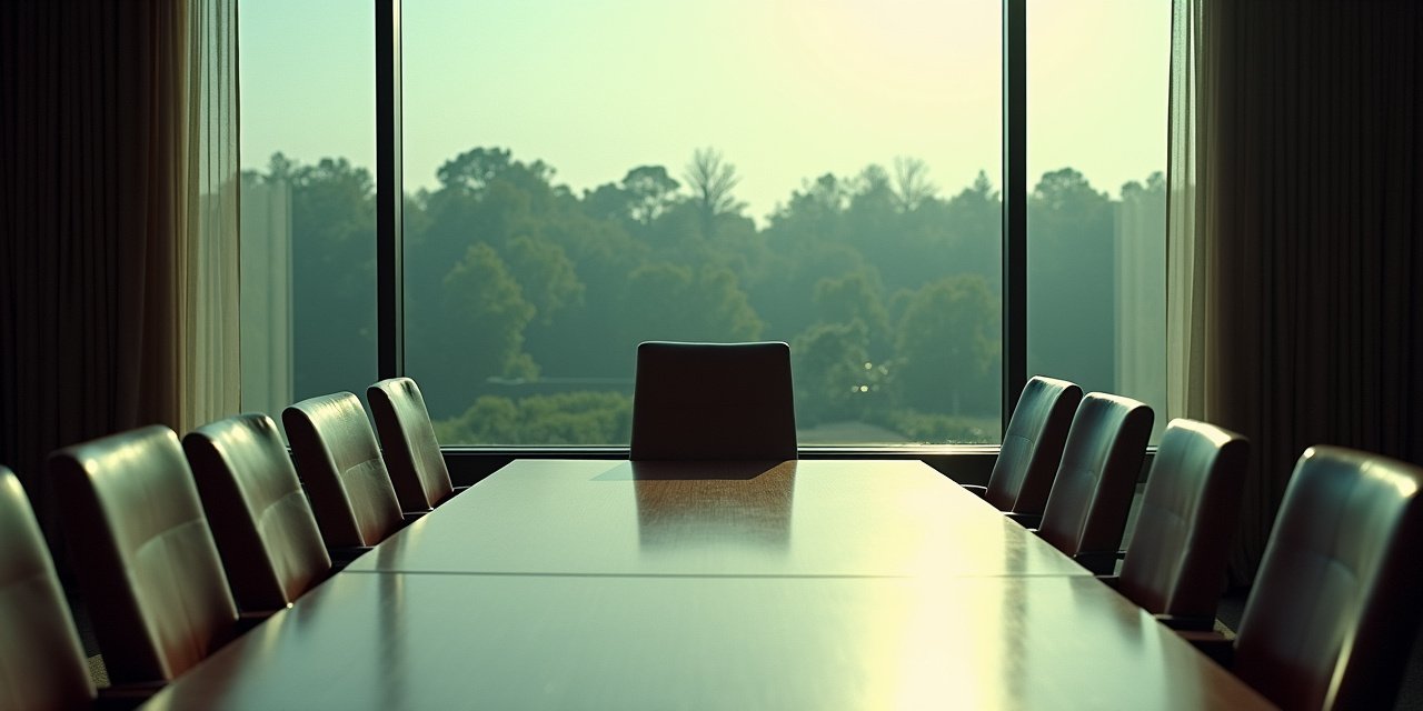Empty boardroom chair at dawn overlooking a wooded Westchester skyline through floor-to-ceiling windows