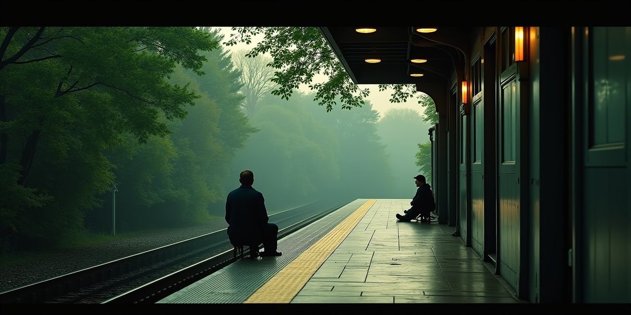 Bronxville NY village train station platform at dawn with commuter practicing breathwork