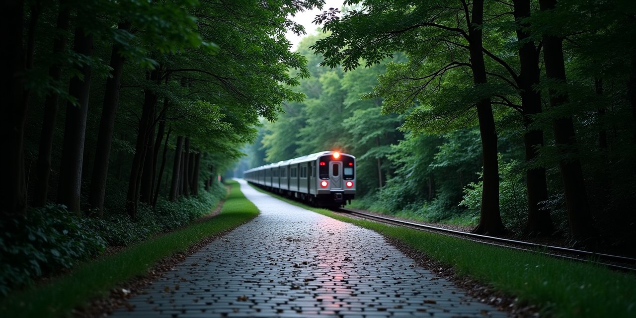 Bronxville Pondfield Road station approach at dusk with commuter train in village