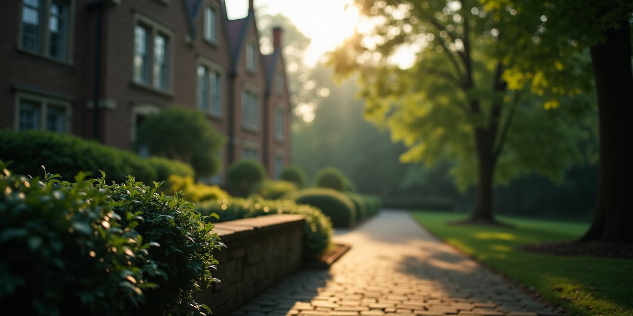 Bronxville village park at dawn with wrist biometric sensor and Tudor architecture