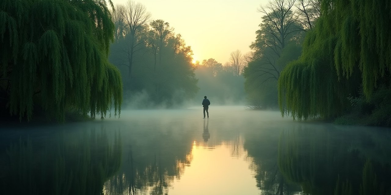 Bronxville village pond at dawn with weeping willows and commuter walking to station