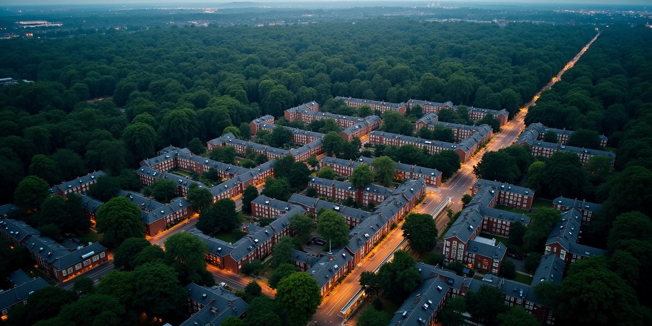Aerial Bronxville NY Tudor village at dusk with tree canopy and Harlem Line station