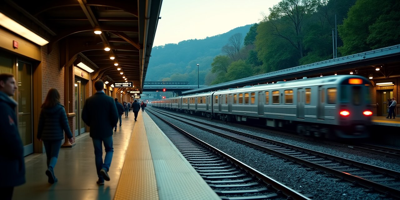 Chappaqua Metro-North station platform at pre-dawn with Harlem Line train
