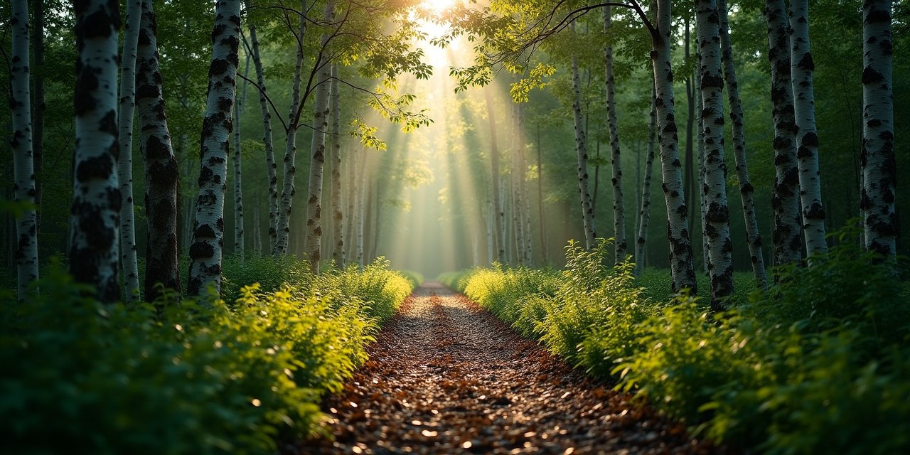 Chappaqua woodland path at dawn with wrist biometric device and silver birch trees