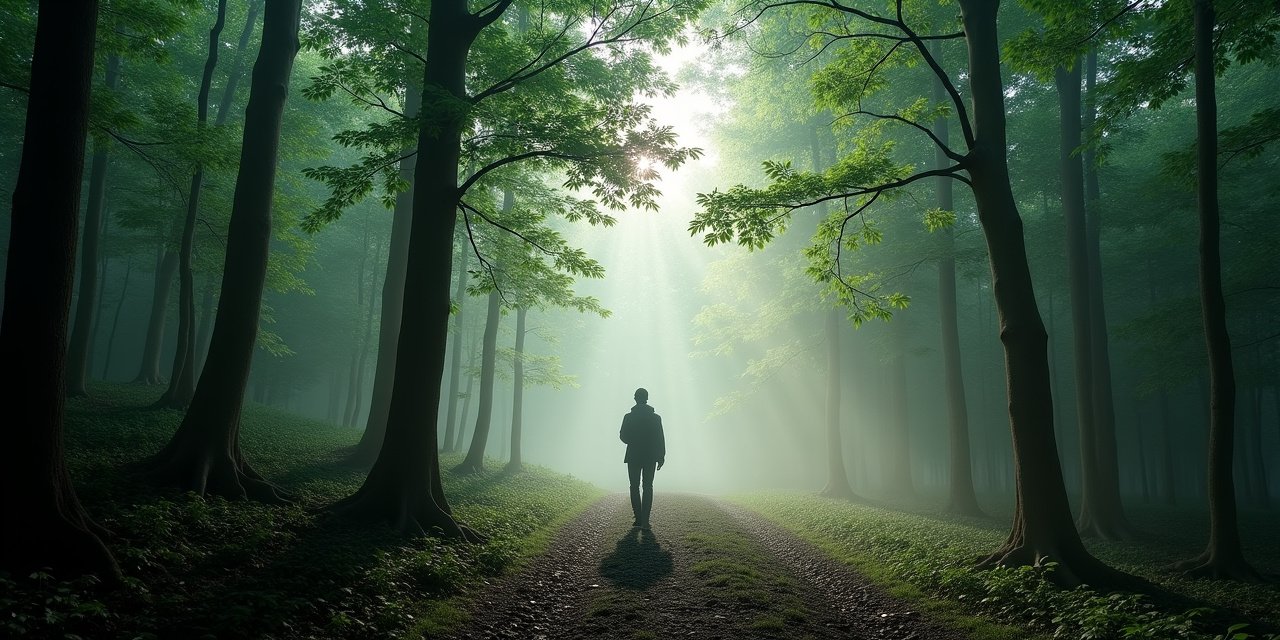 Early morning forest path on Chappaqua estate land at dawn