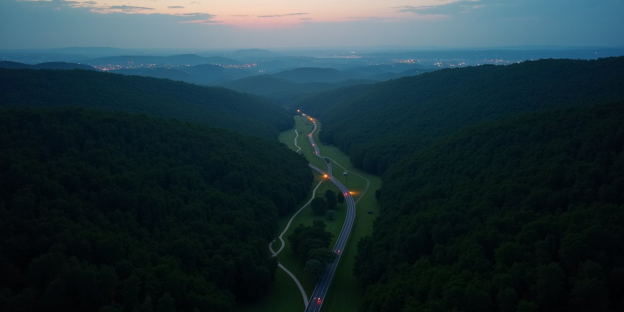 Aerial Chappaqua NY estate land at dusk with forested ridgelines and Harlem Line