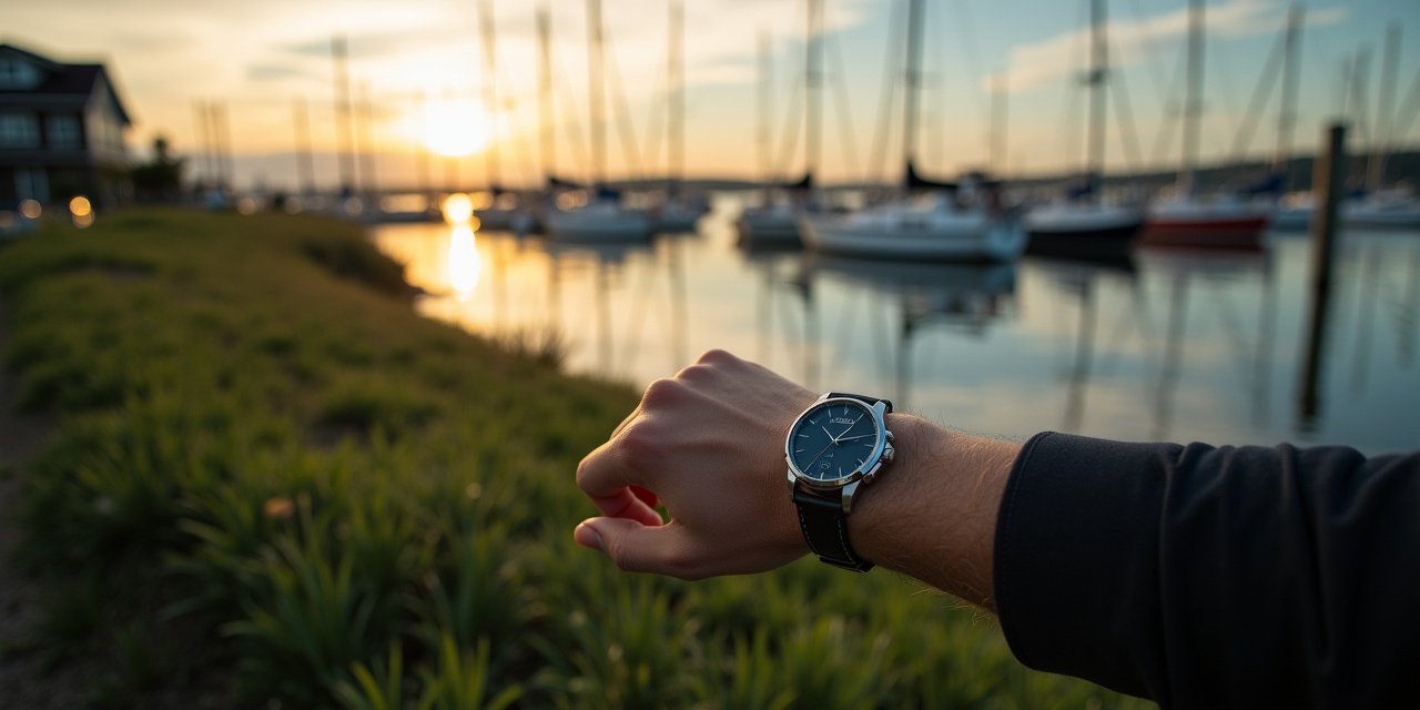 Larchmont Manor Park shoreline at dawn with wrist biometric device and Long Island Sound horizon