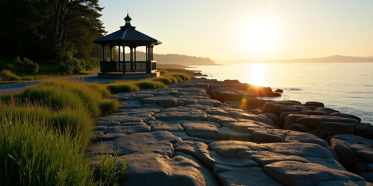 Larchmont Manor Park striated rocks and gazebo at sunrise, Long Island Sound shoreline