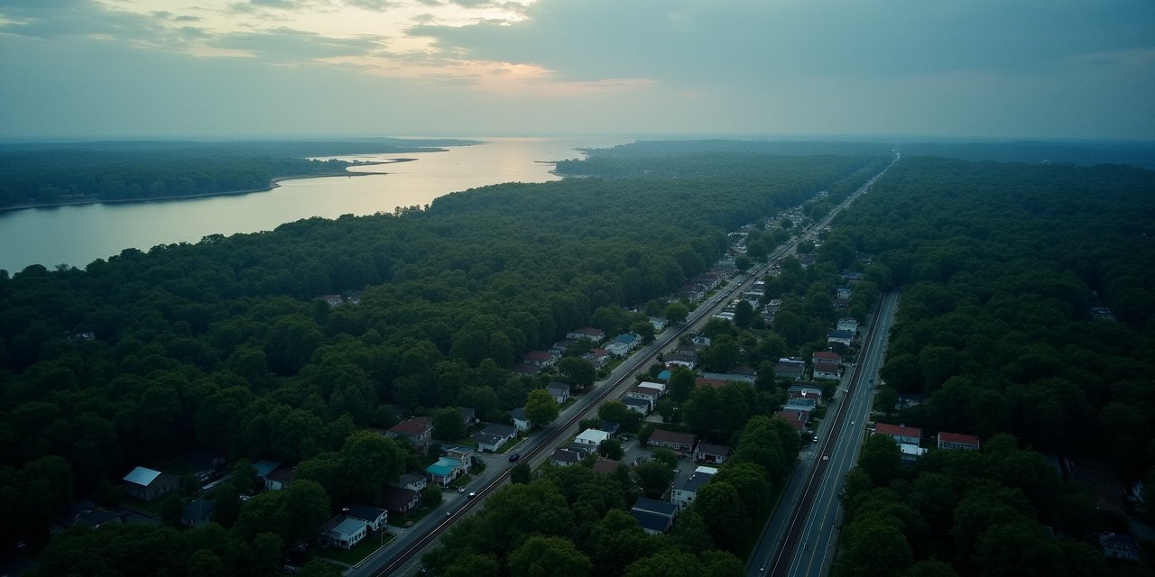 Larchmont NY harbor and village center at dusk with Long Island Sound and New Haven Line