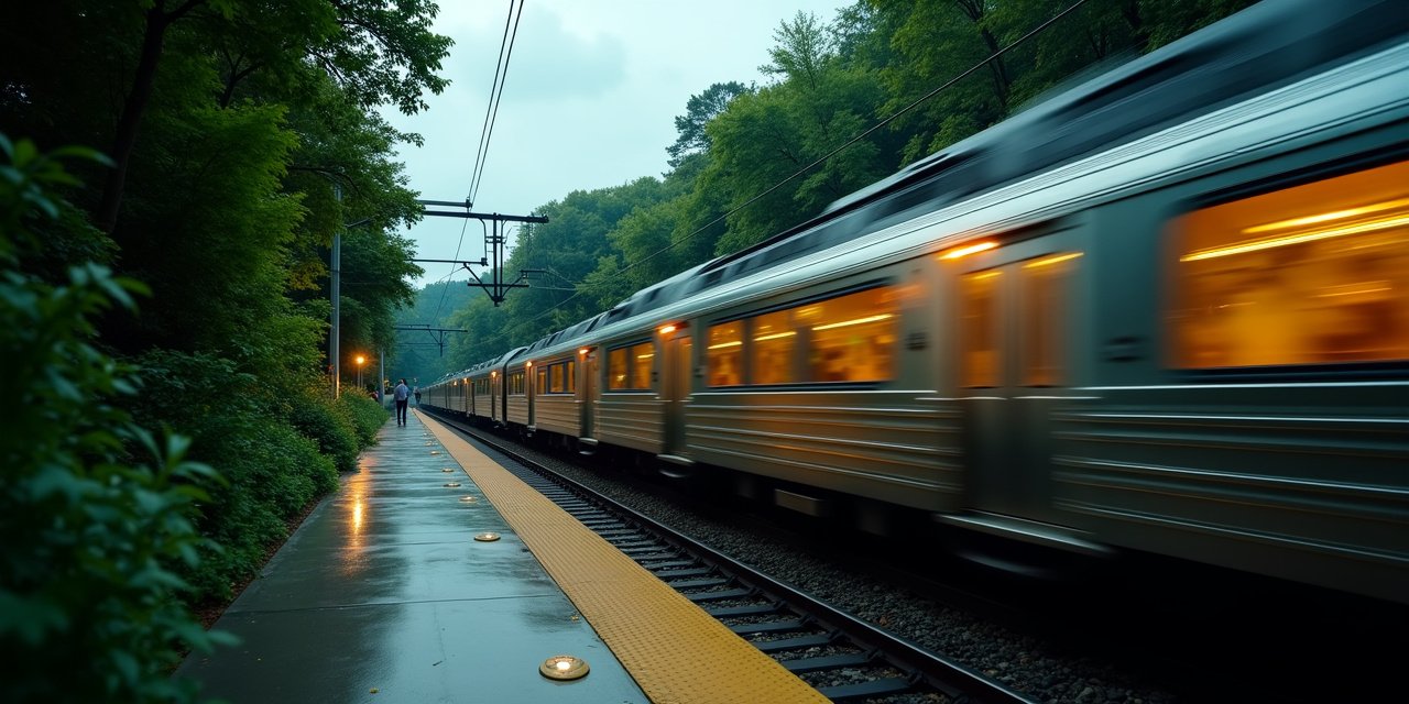 Rye Metro-North New Haven Line platform with bi-level M8 car arriving at dawn