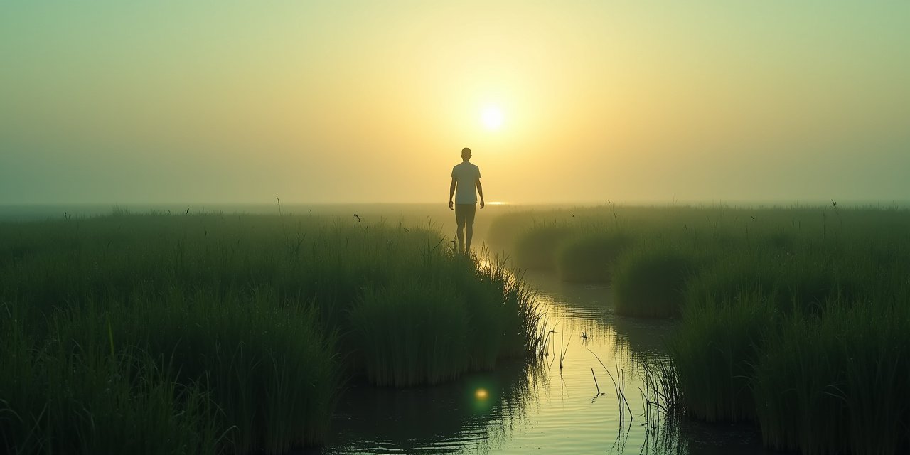 Rye Marshlands Conservancy salt marsh at dawn with figure in walking meditation