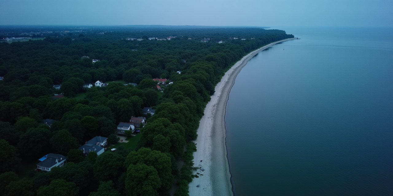 Aerial Rye NY coastal landscape at dusk with Long Island Sound and New Haven Line