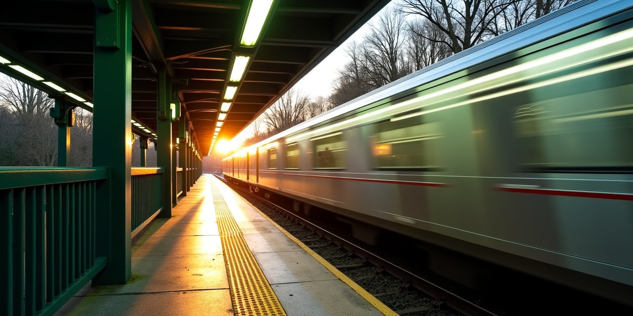 Scarsdale Metro-North station platform at dawn with Harlem Line train arriving