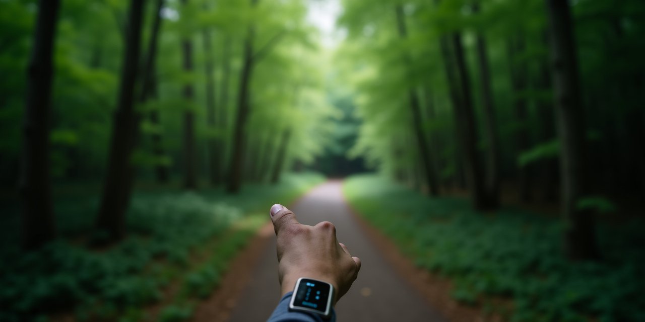 Forest path in Scarsdale NY with wrist biometric wearable device in morning light