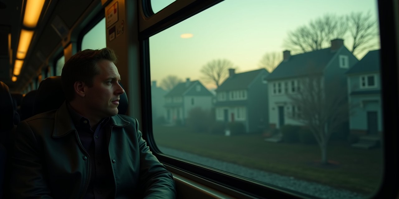 Commuter in quiet Harlem Line train car at dawn over Westchester landscape