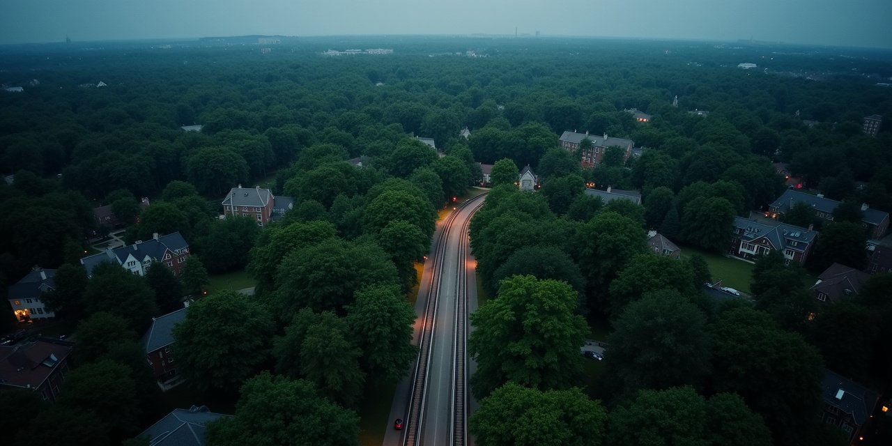 Aerial dusk view of Scarsdale NY Tudor estates and Harlem Line corridor