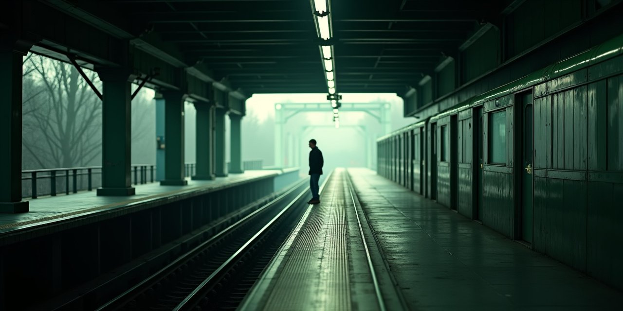 White Plains transit platform with silver track corridor stretching to horizon at dawn