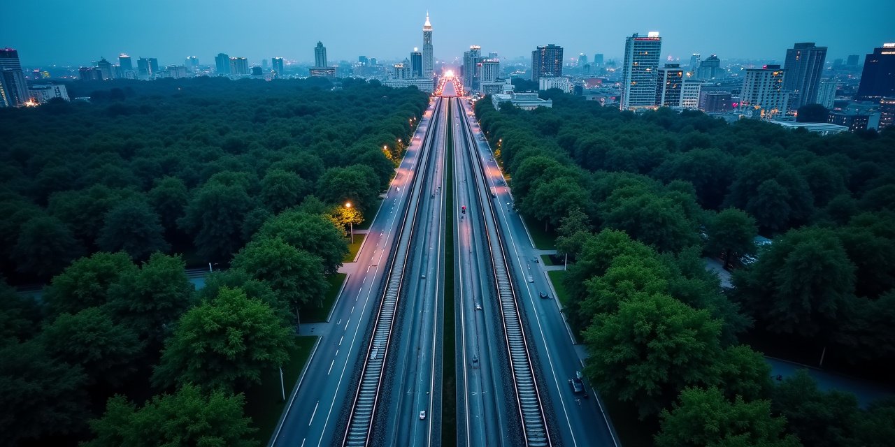 White Plains NY aerial at blue hour showing dual rail lines converging at station