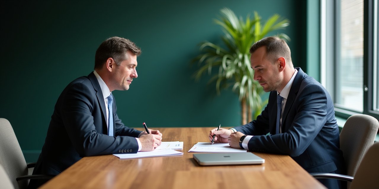 Two executives reviewing benefits paperwork at a conference table in warm morning window light