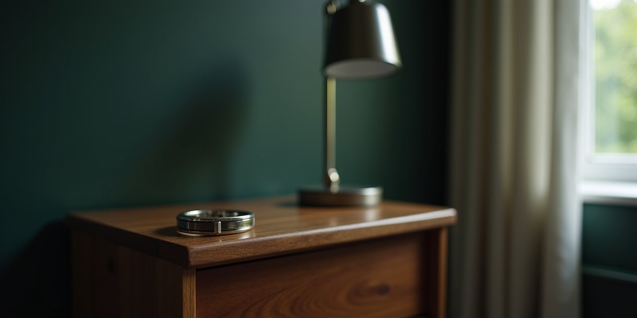 Wrist-worn wearable band resting on a nightstand in soft dawn light in a quiet home bedroom