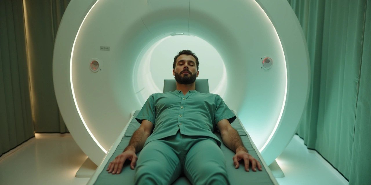 Minimalist premium diagnostic imaging suite with an executive undergoing a full-body scan, sage and obsidian tones