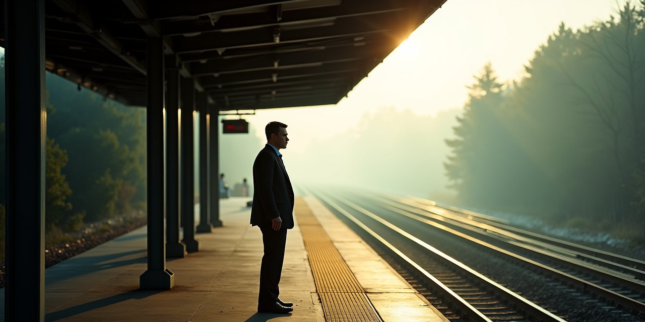 Commuter standing motionless on a Metro-North platform at dawn, composed posture masking exhaustion, forest treeline behind