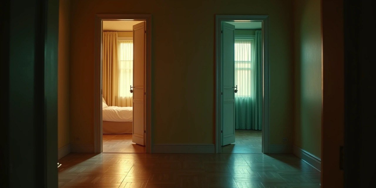 Two adjacent bedroom doorways in a Westchester estate hallway at night, warm lamplight from one, cool moonlight from the other
