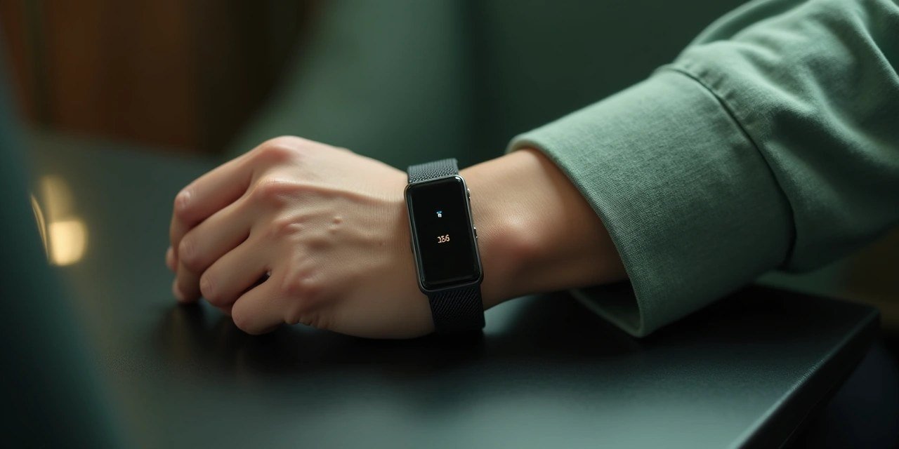 A wrist-worn fitness wearable resting on a dark desk with its screen dimmed, a faint shadow suggesting a lock falling across the band