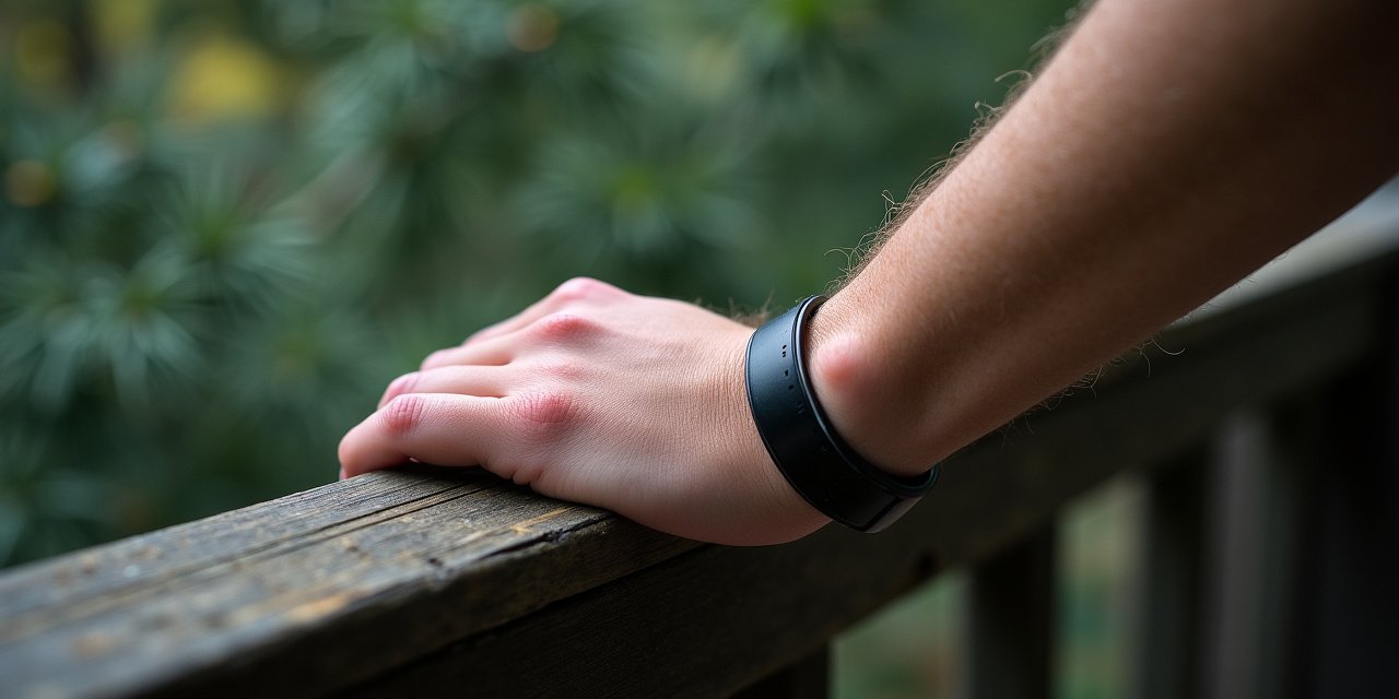 Close detail of a wrist-worn wearable resting on a wooden porch rail in soft forest morning light