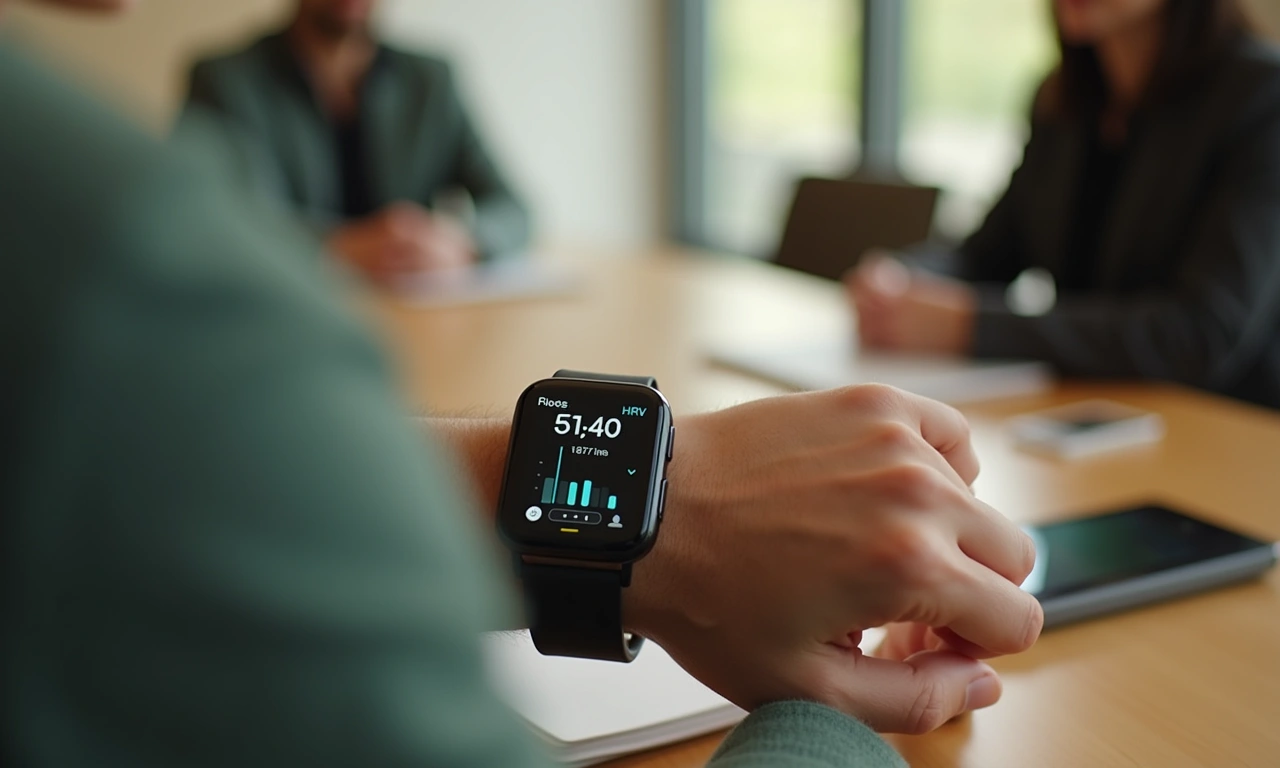 Executive wearing a discreet HRV monitor at desk