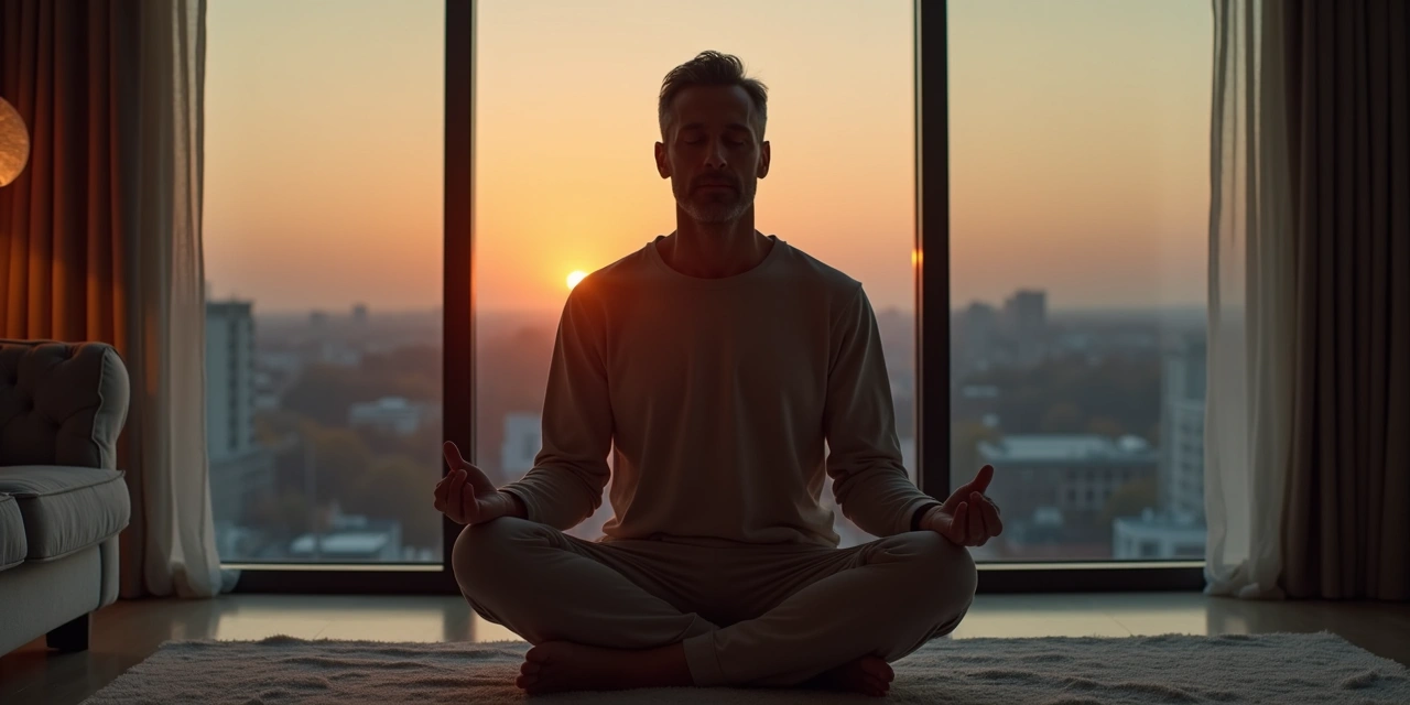 Person sitting in a consistent morning meditation spot at a Westchester home, coffee nearby