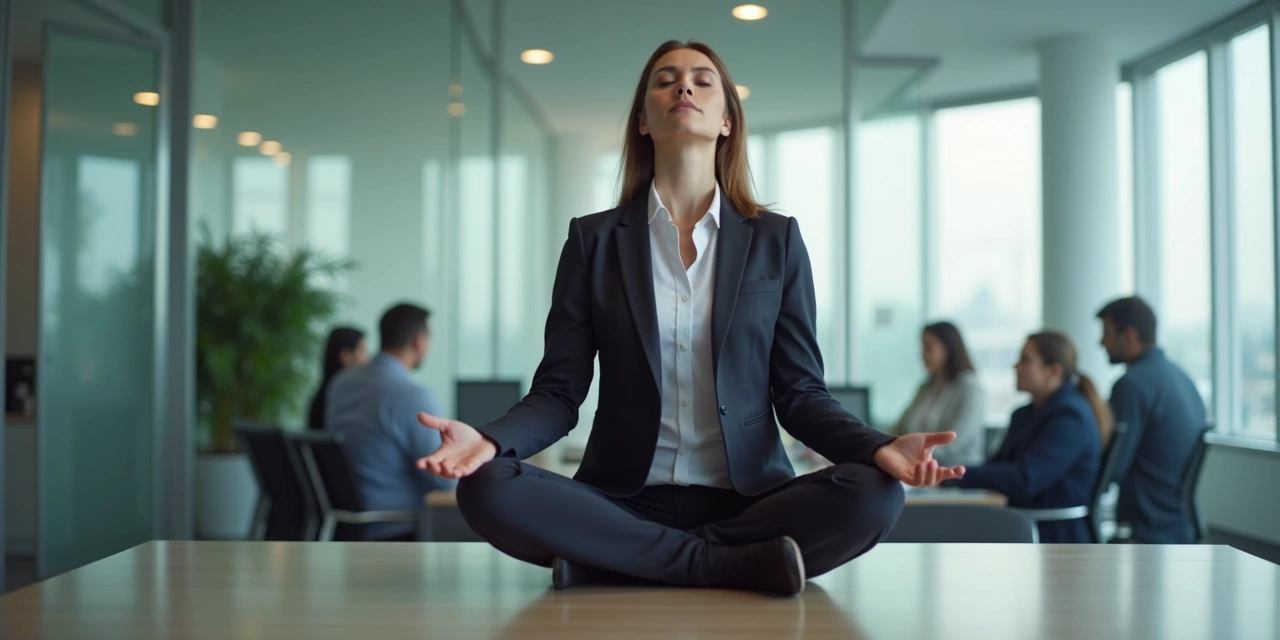 Executive sitting quietly at desk with hands resting on knees, eyes soft, between meetings