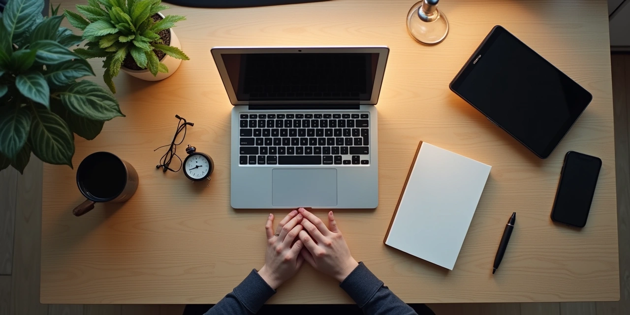 Five desk meditation technique checklist printed on a notecard next to a laptop