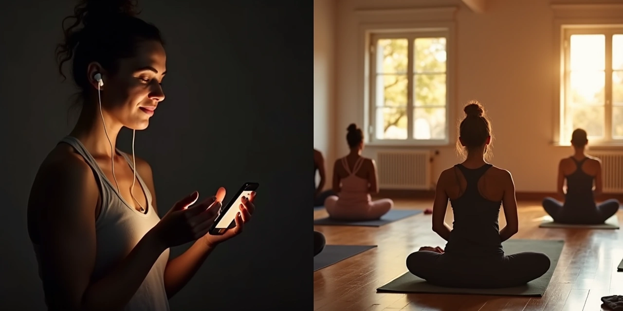 Split image: smartphone showing meditation app next to a yoga studio class in White Plains Westchester