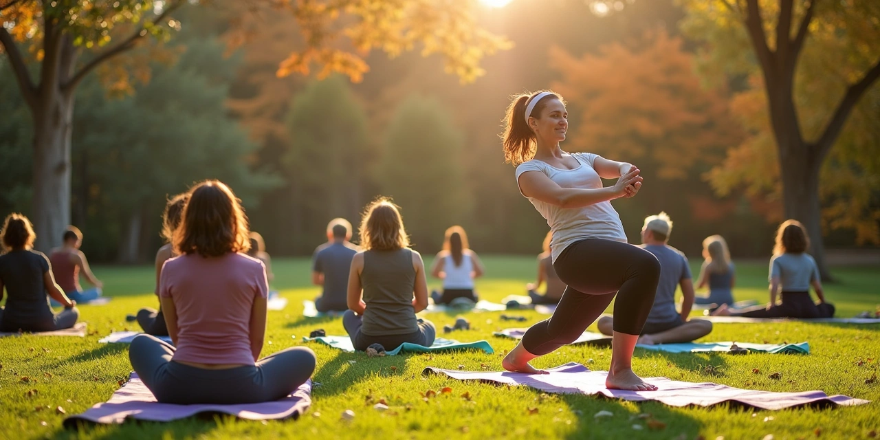 Outdoor wellness class at a Westchester County park, participants seated on grass in a meadow setting