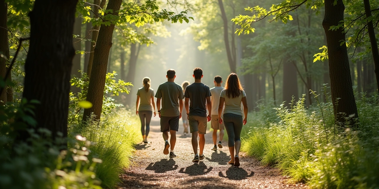 Community yoga class in an outdoor park setting in Westchester County, spring morning with green trees