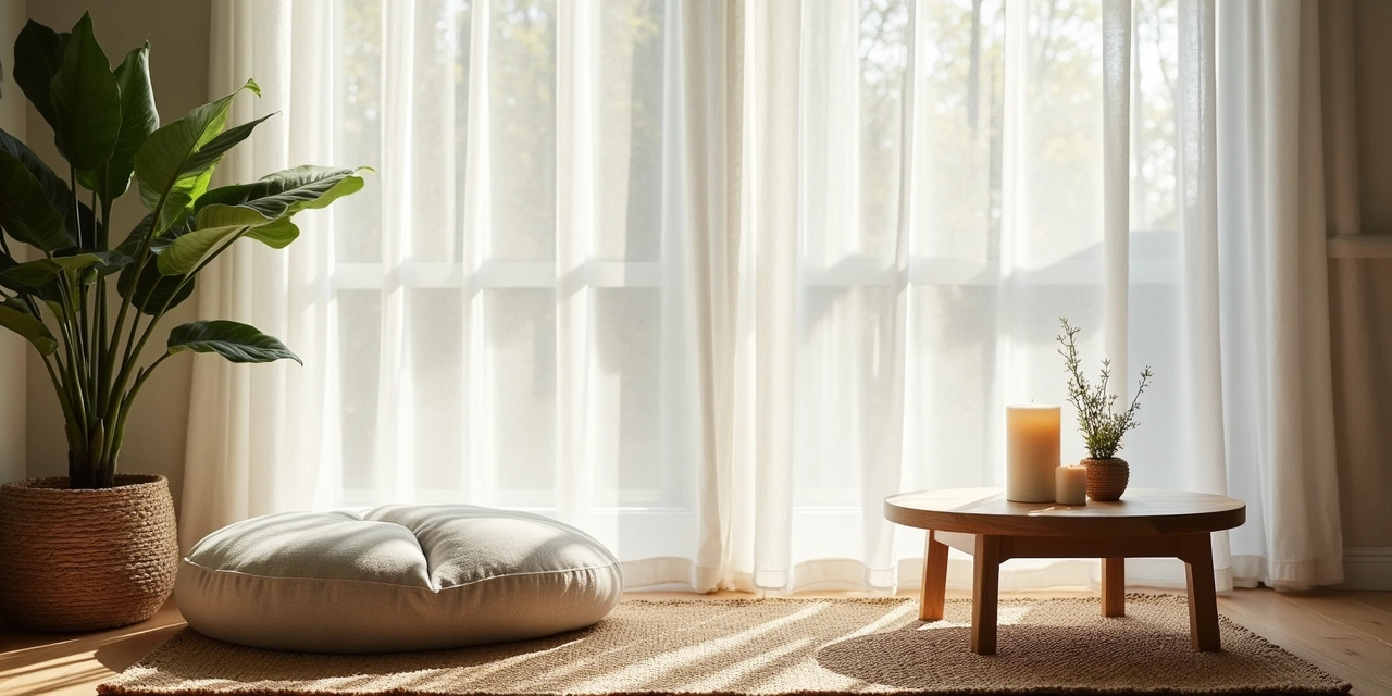 A simple meditation corner with cushion, mat, and small plant by a window