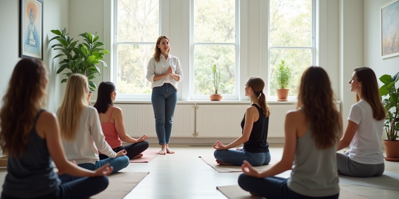 Small group MBSR session in a Westchester wellness center, participants seated in a circle