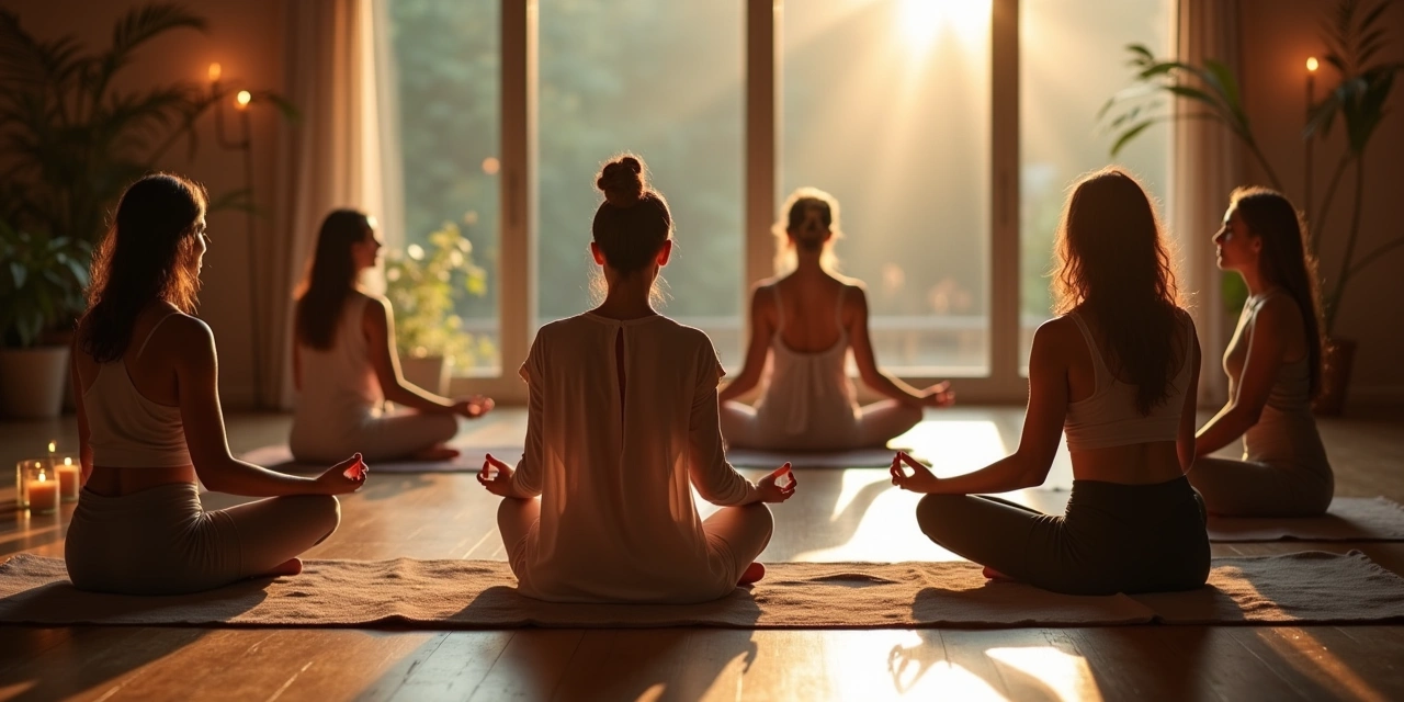 Group meditation class in a quiet studio space in Westchester County, participants seated in a circle