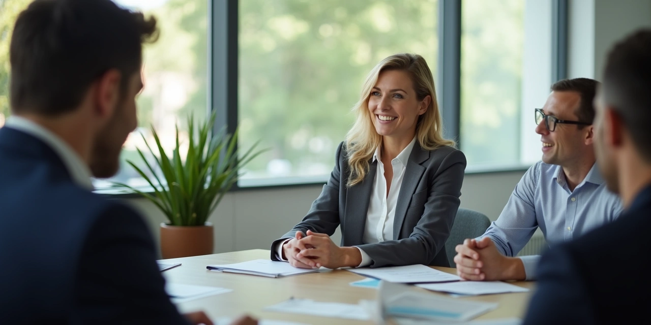 Executive in a glass-walled conference room pausing before speaking, composed expression
