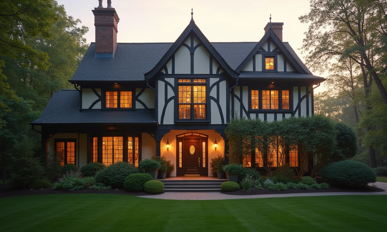 Scarsdale Tudor estate at pre-dawn, porch light on, commuter departing