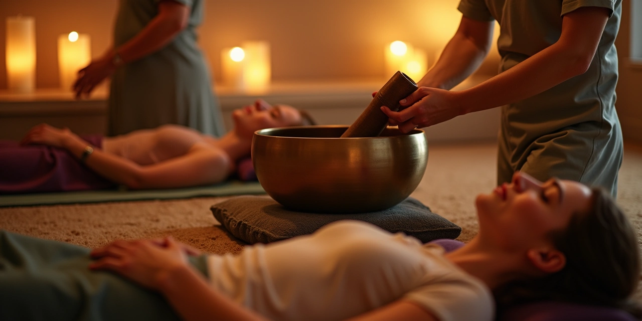 Tibetan singing bowls arranged for a sound bath session