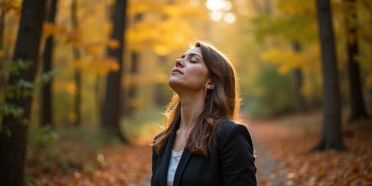 Professional practicing breathing exercise at desk in Westchester office