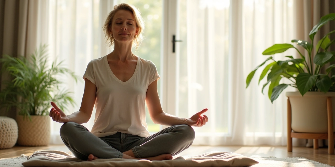 Person sitting quietly at a window overlooking Westchester trees, practicing mindful attention