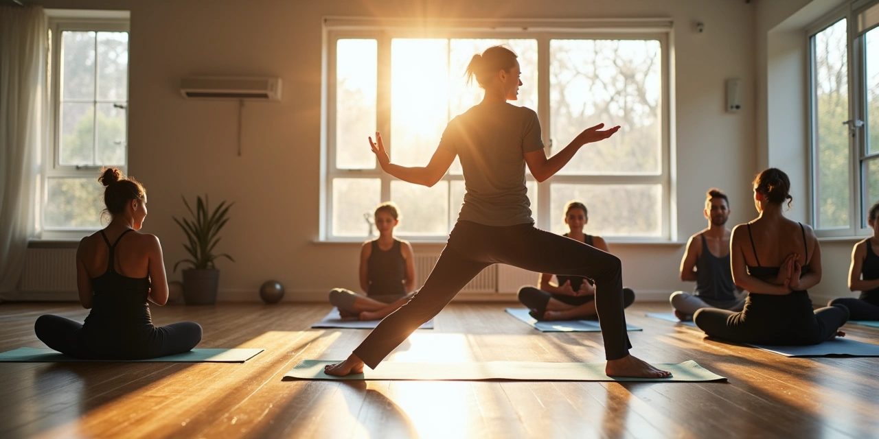Outdoor yoga practice in a Westchester County park, participants on mats facing a tree line