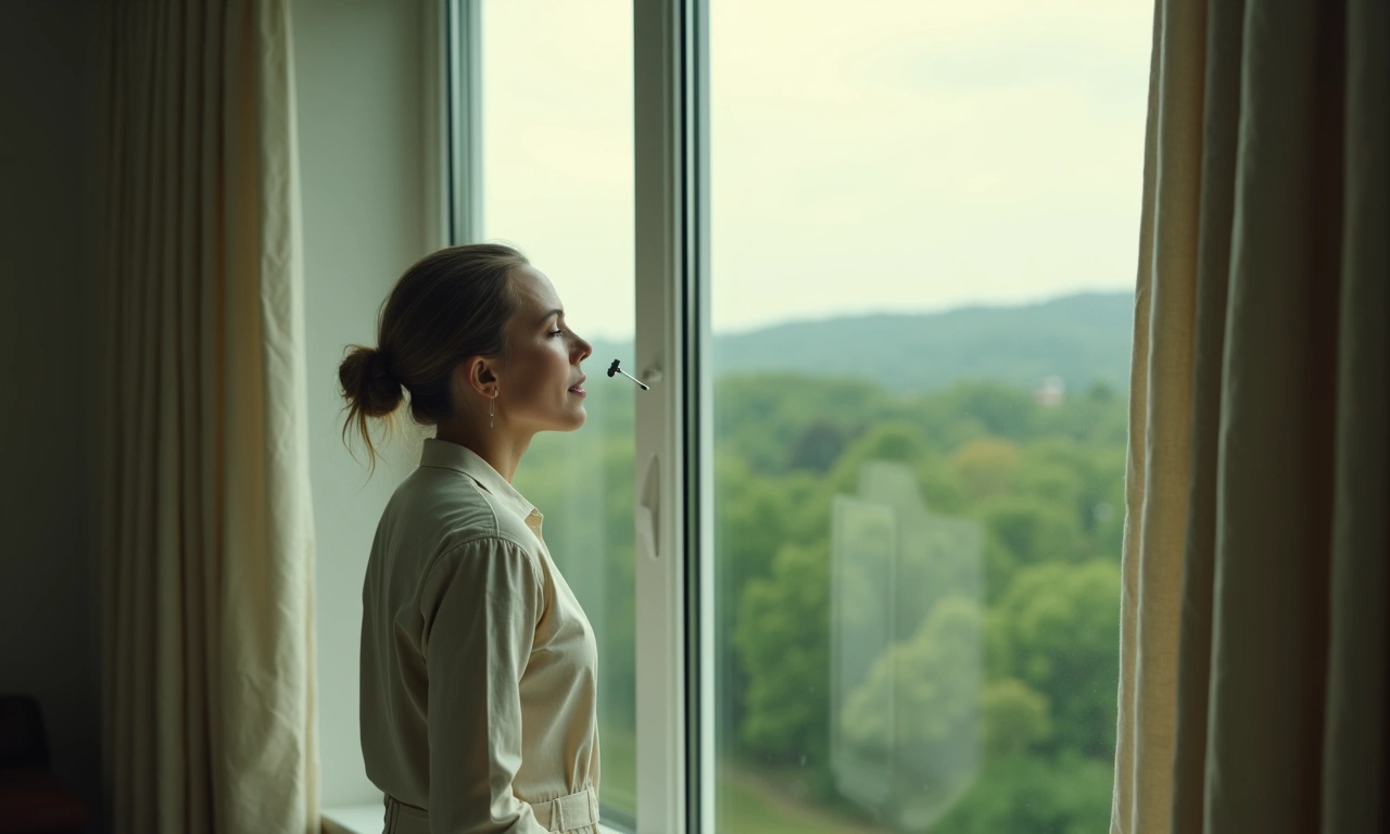 Executive at floor-to-ceiling window in Westchester home office — serene expression, Intake Breathing nasal dilator visible, morning mist over Westchester landscape