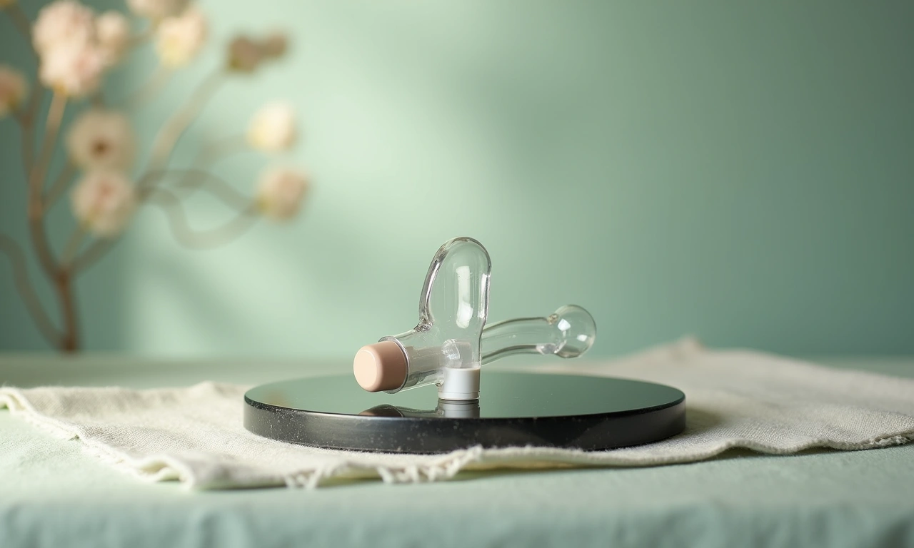 Close-up flat lay of Intake Breathing nasal dilator device on obsidian surface — rose quartz accent light, precision medical product photography, sage linen background