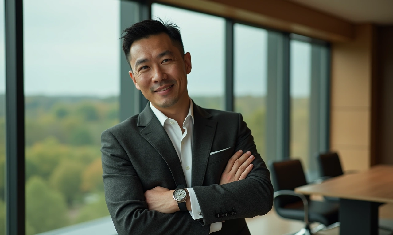 Executive in Westchester Gold Coast boardroom with floor-to-ceiling windows — perfectly composed expression, Apollo Neuro completely invisible beneath tailored suit cuff