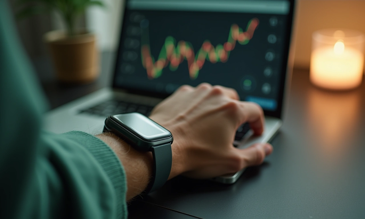Close-up of Apollo Neuro vibration wearable on executive wrist — rose quartz ambient glow from HRV app screen showing upward-trending heart rate variability curve