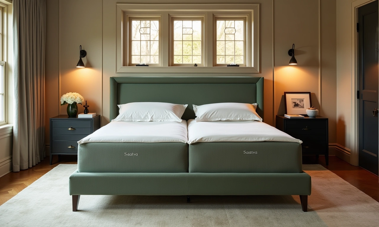 Saatva Split King adjustable base in a 1920s Westchester Tudor estate master bedroom — two independent zones in unified frame, sage linen bedding, dual remotes on obsidian nightstands